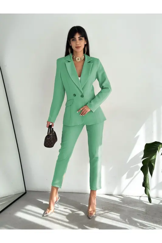 Mint Yeşil Kruvaze Blazer Ceket Havuç Pantolon Takım Elbise - Açık Yeşil - 1