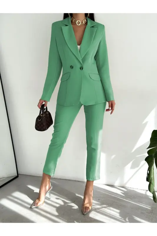 Mint Yeşil Kruvaze Blazer Ceket Havuç Pantolon Takım Elbise - Açık Yeşil - 2