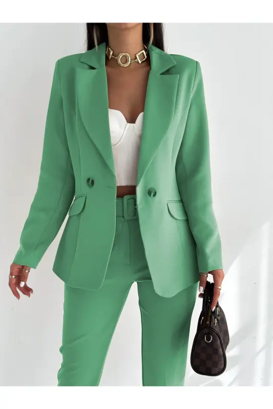 Mint Yeşil Kruvaze Blazer Ceket Havuç Pantolon Takım Elbise - Açık Yeşil - 3