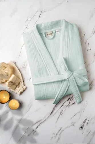 Mint Yeşili Unisex Kimono Müslin Bornoz - Yüksek Nem Emiciliği Ve Hızlı Kuruma - Mint - 5