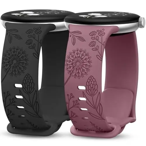 Minyee 2 Packs Floral Engraved Bands Compatible with Google Pixel Watch 3 41mm/2/1 Band Women, Cute Soft Silicone Flower Sport Straps - 7