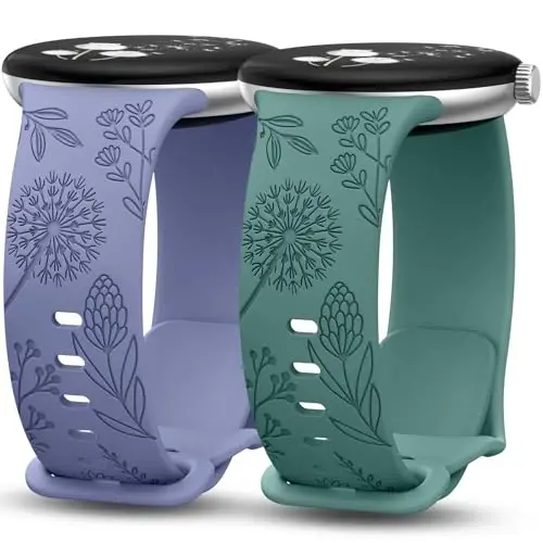 Minyee 2 Packs Floral Engraved Bands Compatible with Google Pixel Watch 3 41mm/2/1 Band Women, Cute Soft Silicone Flower Sport Straps - 1