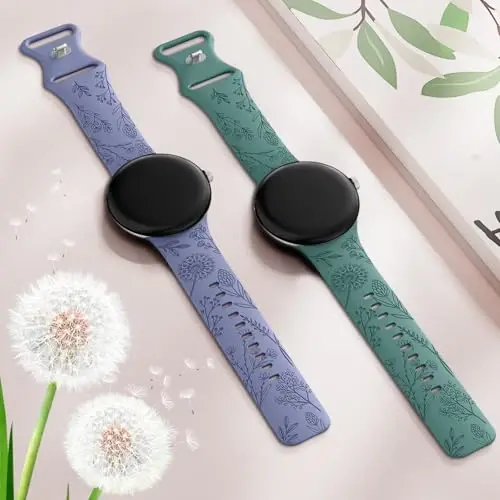 Minyee 2 Packs Floral Engraved Bands Compatible with Google Pixel Watch 3 41mm/2/1 Band Women, Cute Soft Silicone Flower Sport Straps - 4