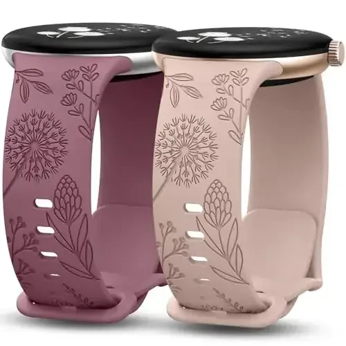 Minyee 2 Packs Floral Engraved Bands Compatible with Google Pixel Watch 3 41mm/2/1 Band Women, Cute Soft Silicone Flower Sport Straps - 1