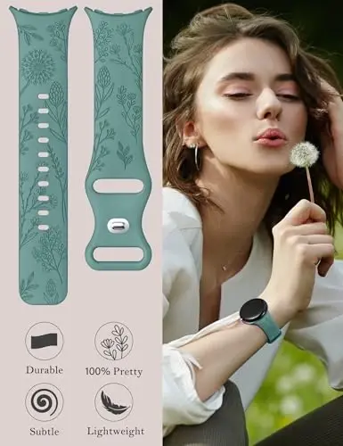 Minyee 2 Packs Floral Engraved Bands Compatible with Google Pixel Watch 3 41mm/2/1 Band Women, Cute Soft Silicone Flower Sport Straps - 5