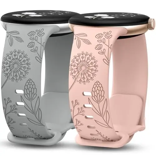 Minyee 2 Packs Floral Engraved Bands Compatible with Google Pixel Watch 4/3 41mm/Pixel Watch 2/1 Band Women, Cute Soft Silicone Flower Sport Fancy Straps - MINYEE