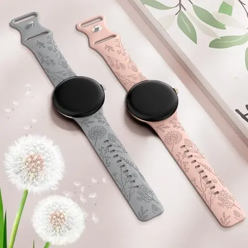 Minyee 2 Packs Floral Naqshli Tasmalari Google Pixel Watch 4/3 41mm/Pixel Watch 2/1 Tasmalar Ayollar uchun mos, Chiroyli Yumshoq Silikon Gul Sport Bezakli Tasmalari - 4