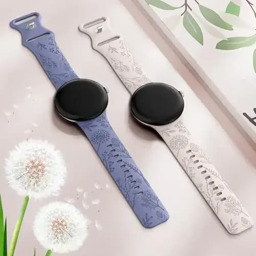 Minyee 2 ta Floral Engraved Bands Google Pixel Watch 3/4 bilan mos keladi, ayollar uchun yoqimli yumshoq silikon gul sportli bezakli tasmalar. - 4