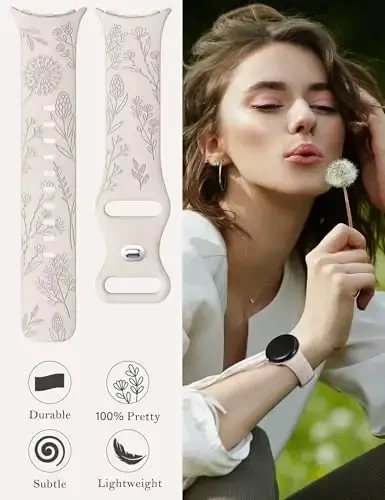 Minyee 2 ta Floral Engraved Bands Google Pixel Watch 3/4 bilan mos keladi, ayollar uchun yoqimli yumshoq silikon gul sportli bezakli tasmalar. - 5
