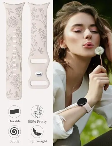 Minyee 2 упаковки цветочных гравированных ремешков, совместимых с Google Pixel Watch 3/4, милые мягкие силиконовые цветочные спортивные нарядные ремешки для женщин - 5