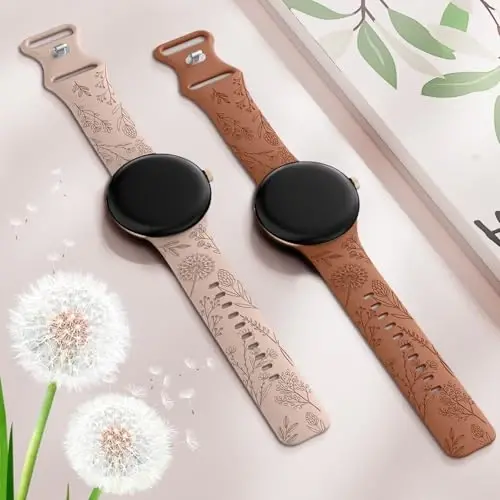 Minyee 2 Packs Floral Engraved Bands Compatible with Google Pixel Watch 4/3 41mm/Pixel Watch 2/1 Band Women, Cute Soft Silicone Flower Sport Fancy Straps - 10