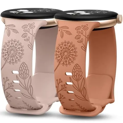 Minyee 2 Packs Floral Engraved Bands Compatible with Google Pixel Watch 4/3 41mm/Pixel Watch 2/1 Band Women, Cute Soft Silicone Flower Sport Fancy Straps - 1