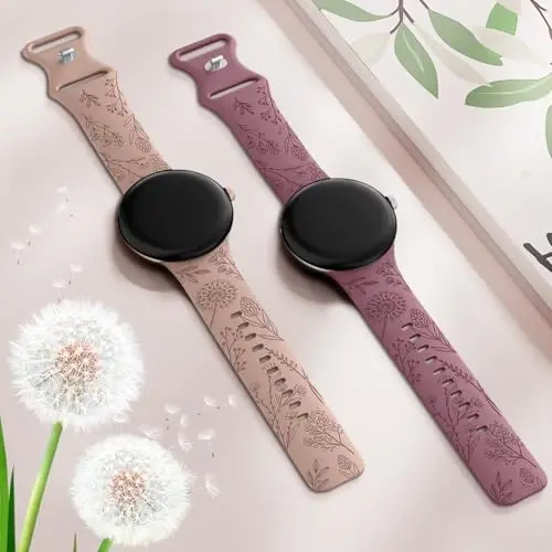 Minyee 2 Packs Floral Engraved Bands Compatible with Google Pixel Watch 4/3 41mm/Pixel Watch 2/1 Band Women, Cute Soft Silicone Flower Sport Fancy Straps - 10