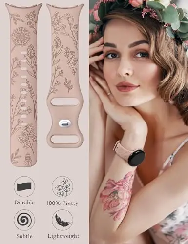 Minyee 2 Packs Floral Engraved Bands Compatible with Google Pixel Watch 4/3 41mm/Pixel Watch 2/1 Band Women, Cute Soft Silicone Flower Sport Fancy Straps - 5