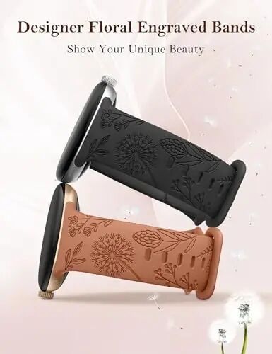Minyee 2 Packs Floral Engraved Bands Compatible with Google Pixel Watch 4/3 41mm/Pixel Watch 2/1 Band Women, Cute Soft Silicone Flower Sport Fancy Straps - 8