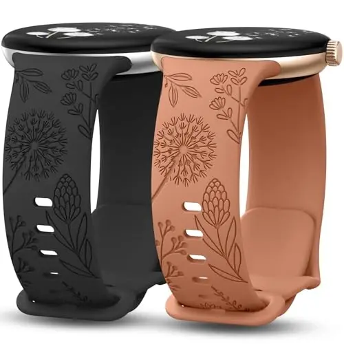 Minyee 2 Packs Floral Engraved Bands Compatible with Google Pixel Watch 4/3 41mm/Pixel Watch 2/1 Band Women, Cute Soft Silicone Flower Sport Fancy Straps - 1