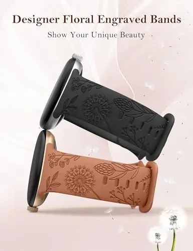 Minyee 2 Packs Floral Engraved Bands Compatible with Google Pixel Watch 4/3 41mm/Pixel Watch 2/1 Band Women, Cute Soft Silicone Flower Sport Fancy Straps - 2