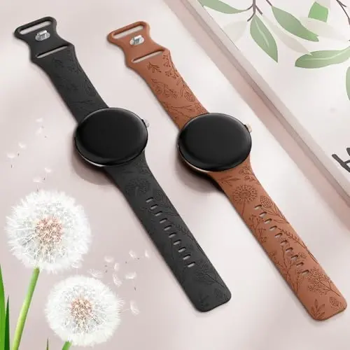 Minyee 2 Packs Floral Engraved Bands Compatible with Google Pixel Watch 3 41mm/2/1 Band Women, Cute Soft Silicone Flower Sport Straps - 10