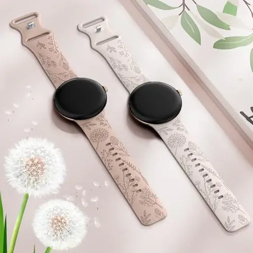 Minyee 2 Packs Floral Engraved Bands Compatible with Google Pixel Watch 4/3 41mm/Pixel Watch 2/1 Band Women, Cute Soft Silicone Flower Sport Fancy Straps - 10