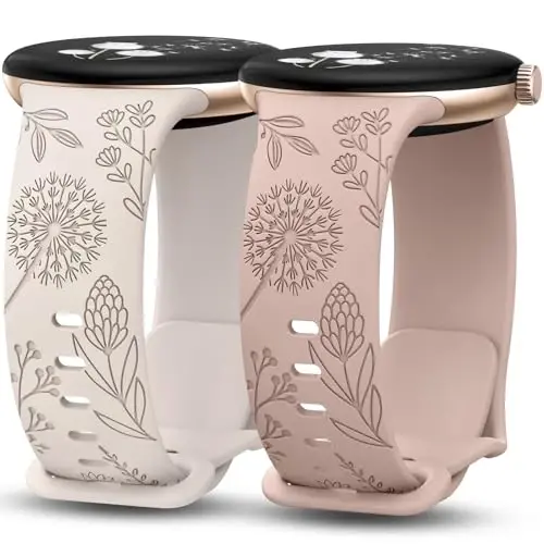 Minyee 2 Packs Floral Engraved Bands Compatible with Google Pixel Watch 4/3 41mm/Pixel Watch 2/1 Band Women, Cute Soft Silicone Flower Sport Fancy Straps - 1