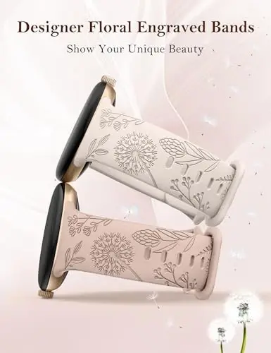 Minyee 2 Packs Floral Engraved Bands Compatible with Google Pixel Watch 4/3 41mm/Pixel Watch 2/1 Band Women, Cute Soft Silicone Flower Sport Fancy Straps - MINYEE (1)