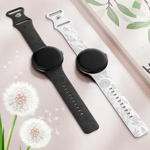 Minyee 2 Packs Floral Engraved Bands Compatible with Google Pixel Watch 4/3 41mm/Pixel Watch 2/1 Band Women, Cute Soft Silicone Flower Sport Fancy Straps - 10