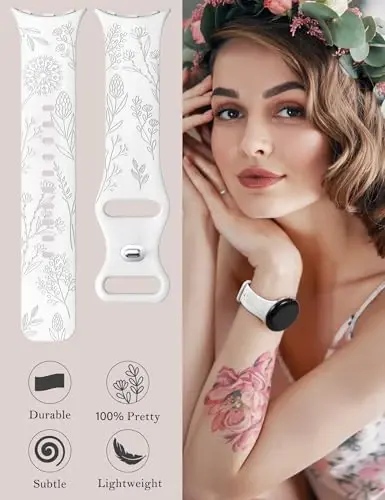 Minyee 2 Packs Floral Engraved Bands Compatible with Google Pixel Watch 4/3 41mm/Pixel Watch 2/1 Band Women, Cute Soft Silicone Flower Sport Fancy Straps - 5