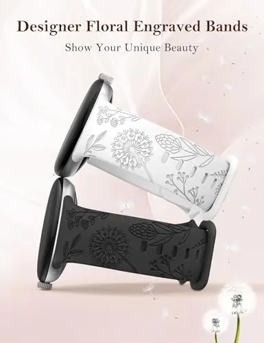 Minyee 2 Packs Floral Engraved Bands Compatible with Google Pixel Watch 4/3 41mm/Pixel Watch 2/1 Band Women, Cute Soft Silicone Flower Sport Fancy Straps - 2