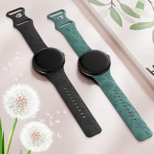 Minyee 2 Packs Floral Engraved Bands Compatible with Google Pixel Watch 4/3 41mm/Pixel Watch 2/1 Band Women, Cute Soft Silicone Flower Sport Fancy Straps - 10