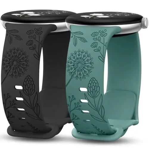 Minyee 2 Packs Floral Engraved Bands Compatible with Google Pixel Watch 3 41mm/2/1 Band Women, Cute Soft Silicone Flower Sport Straps 
