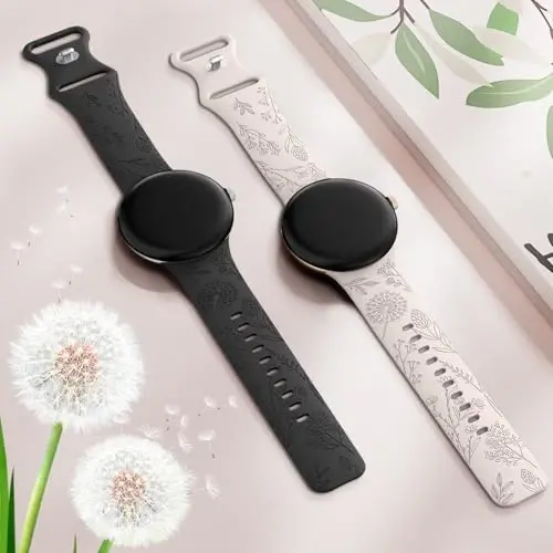 Minyee 2 Packs Floral Engraved Bands Compatible with Google Pixel Watch 4/3 41mm/Pixel Watch 2/1 Band Women, Cute Soft Silicone Flower Sport Fancy Straps - 4