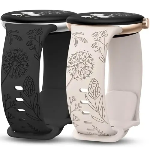 Minyee 2 Packs Floral Engraved Bands Compatible with Google Pixel Watch 3 41mm/2/1 Band Women, Cute Soft Silicone Flower Sport Straps 