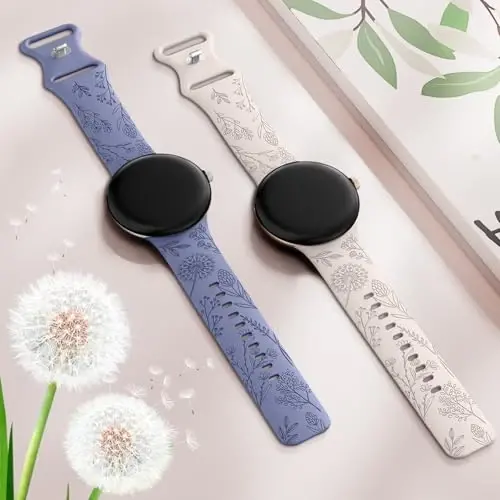 Minyee 2 Packs Floral Engraved Bands Compatible with Google Pixel Watch 4/3 41mm/Pixel Watch 2/1 Band Women, Cute Soft Silicone Flower Sport Fancy Straps - 4