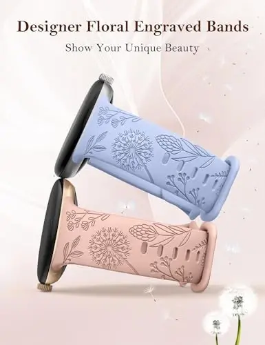 Minyee 2 Packs Floral Engraved Bands Compatible with Google Pixel Watch 4/3 41mm/Pixel Watch 2/1 Band Women, Cute Soft Silicone Flower Sport Fancy Straps - 2