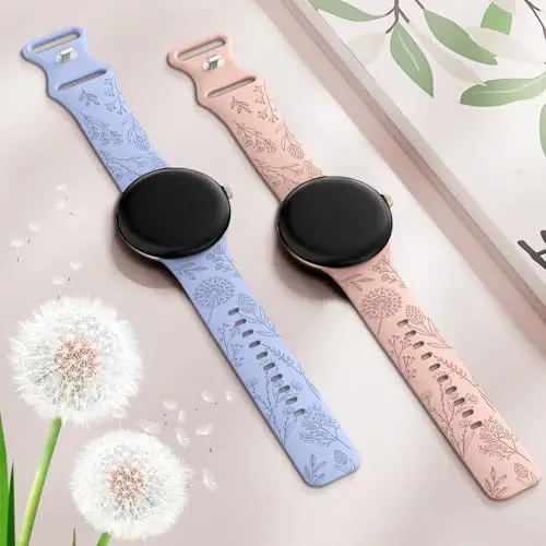 Minyee 2 Packs Floral Engraved Bands Compatible with Google Pixel Watch 4/3 41mm/Pixel Watch 2/1 Band Women, Cute Soft Silicone Flower Sport Fancy Straps - 4