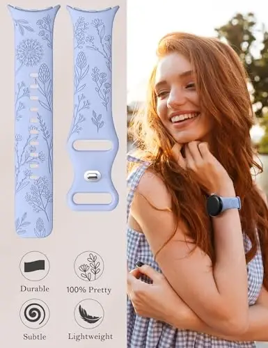 Minyee 2 Packs Floral Engraved Bands Compatible with Google Pixel Watch 4/3 41mm/Pixel Watch 2/1 Band Women, Cute Soft Silicone Flower Sport Fancy Straps - 5