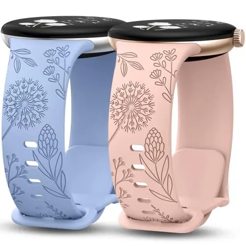 Minyee 2 Packs Floral Engraved Bands Compatible with Google Pixel Watch 3 41mm/2/1 Band Women, Cute Soft Silicone Flower Sport Straps - 7