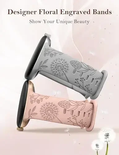 Minyee 2 Packs Floral Engraved Bands Compatible with Google Pixel Watch 4/3 41mm/Pixel Watch 2/1 Band Women, Cute Soft Silicone Flower Sport Fancy Straps - 2