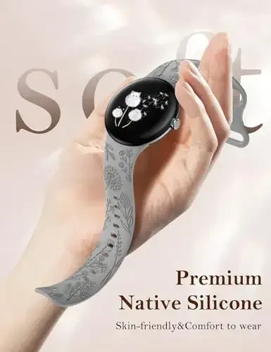 Minyee 2 Packs Floral Engraved Bands Compatible with Google Pixel Watch 4/3 41mm/Pixel Watch 2/1 Band Women, Cute Soft Silicone Flower Sport Fancy Straps - 3