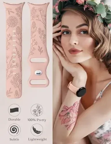 Minyee 2 Packs Floral Engraved Bands Compatible with Google Pixel Watch 4/3 41mm/Pixel Watch 2/1 Band Women, Cute Soft Silicone Flower Sport Fancy Straps - 5