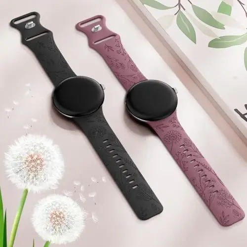 Minyee 2 Packs Floral Engraved Bands Compatible with Google Pixel Watch 4/3 41mm/Pixel Watch 2/1 Band Women, Cute Soft Silicone Flower Sport Fancy Straps - 4