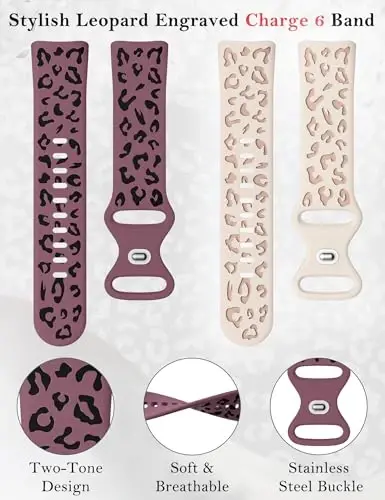 Minyee 3 dona Leopard naqshli tasma Fitbit Charge 6 Bands/Fitbit Charge 5 Bands Women bilan mos keladi, ikki rangli Gepard yumshoq silikon sport dizaynerlik yozgi almashtirish bilaguzuk tasmasi Charge 6/5 uchun - 5