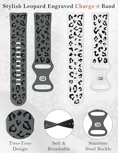 Minyee 3 dona Leopard naqshli tasma Fitbit Charge 6/Fitbit Charge 5 tasmalariga mos keladi, ikki tonli gepard yumshoq silikon sport dizaynerlik yozgi almashtirish bilaguzuk tasmasi Charge 6/5 uchun - 5