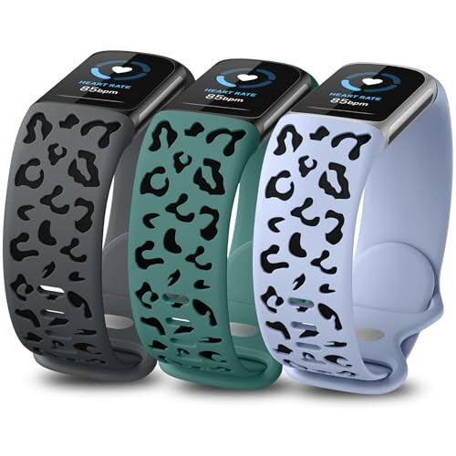 Minyee 3 Packs Leopard Engraved Band Compatible with Fitbit Charge 6 Bands/Fitbit Charge 5 Bands Women, Two-Tone Cheetah Soft Silicone Sport Designer Summer Replacement Wristband Strap for Charge 6/5 - 1