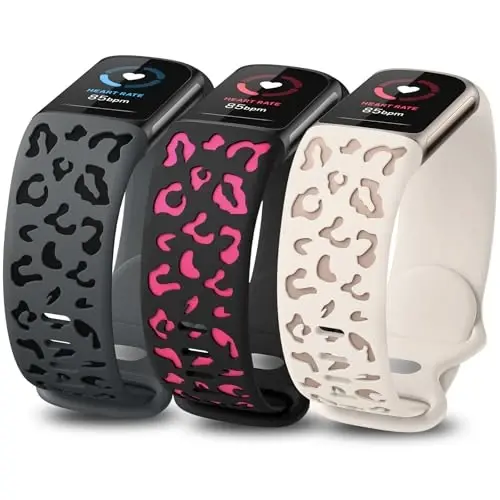 Minyee 3 Packs Leopard Engraved Band Compatible with Fitbit Charge 6 Bands/Fitbit Charge 5 Bands Women, Two-Tone Cheetah Soft Silicone Sport Designer Summer Replacement Wristband Strap for Charge 6/5 