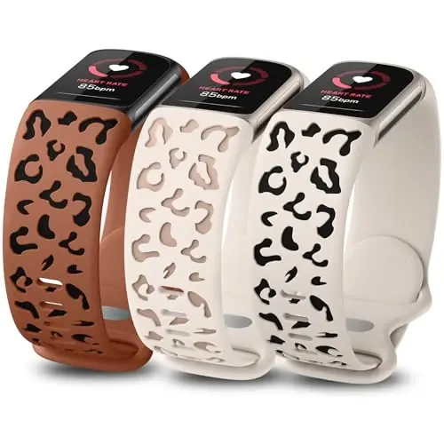 Minyee 3 Packs Leopard Engraved Band Compatible with Fitbit Charge 6 Bands/Fitbit Charge 5 Bands Women, Two-Tone Cheetah Soft Silicone Sport Designer Summer Replacement Wristband Strap for Charge 6/5 - 1