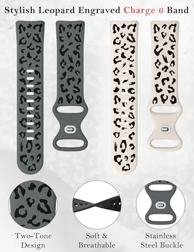 Minyee 3 Packs Leopard Engraved Band Compatible with Fitbit Charge 6 Bands/Fitbit Charge 5 Bands Women, Two-Tone Cheetah Soft Silicone Sport Designer Summer Replacement Wristband Strap for Charge 6/5 - 5