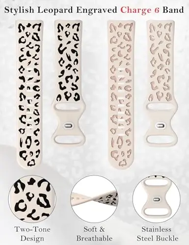 Minyee 3 Packs Leopard Engraved Band Compatible with Fitbit Charge 6 Bands/Fitbit Charge 5 Bands Women, Two-Tone Cheetah Soft Silicone Sport Designer Summer Replacement Wristband Strap for Charge 6/5 - 5