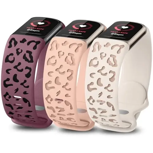 Minyee 3 Packs Leopard Engraved Band Compatible with Fitbit Charge 6 Bands/Fitbit Charge 5 Bands Women, Two-Tone Cheetah Soft Silicone Sport Designer Summer Replacement Wristband Strap for Charge 6/5 