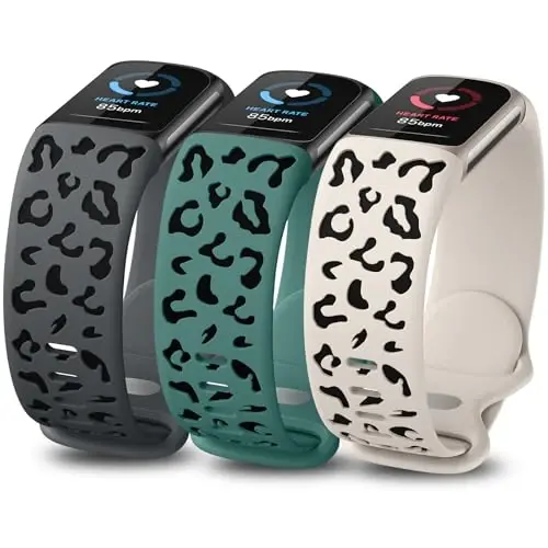 Minyee 3 Packs Leopard Engraved Band Compatible with Fitbit Charge 6 Bands/Fitbit Charge 5 Bands Women, Two-Tone Cheetah Soft Silicone Sport Designer Summer Replacement Wristband Strap for Charge 6/5 - Modazone